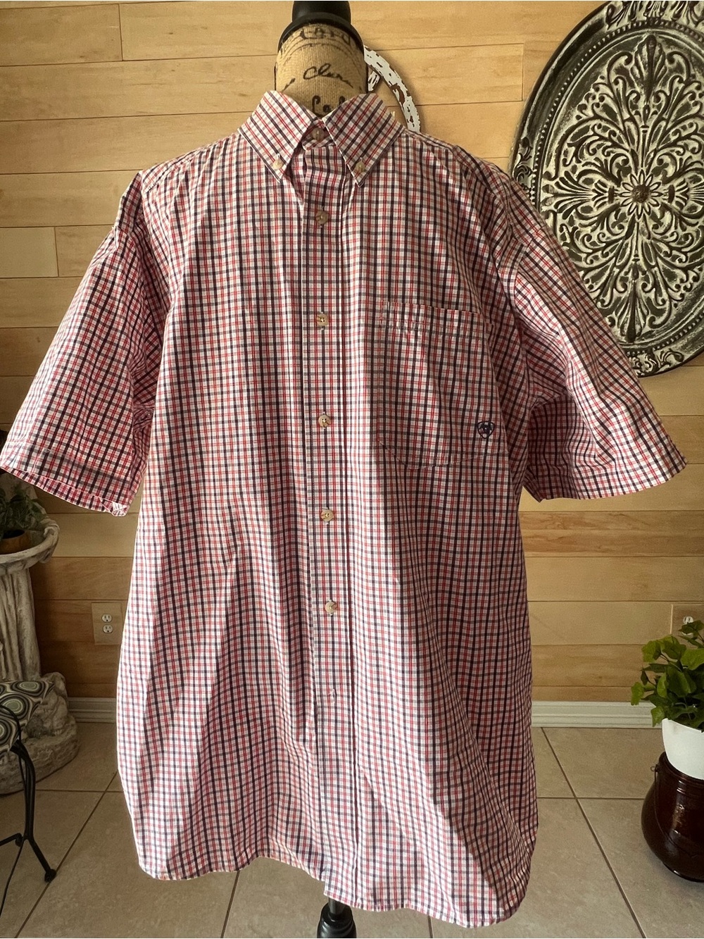 Ariat Pro Red White and Blue Short-Sleeve Button-Down Plaid Shirt Size XL